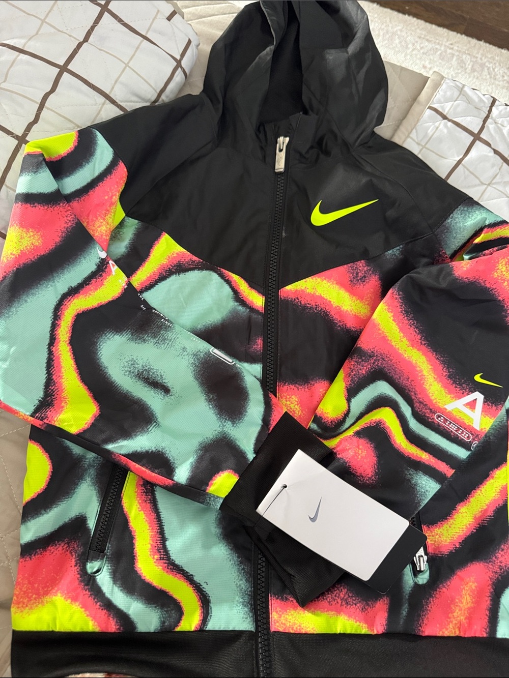 Nike Black Hooded Windbreaker with Neon Yellow, Pink & Mint Wave Print